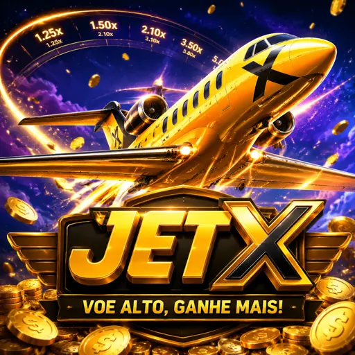 Cartão do jogo JetX mostrando jato supersônico subindo com rastro colorido